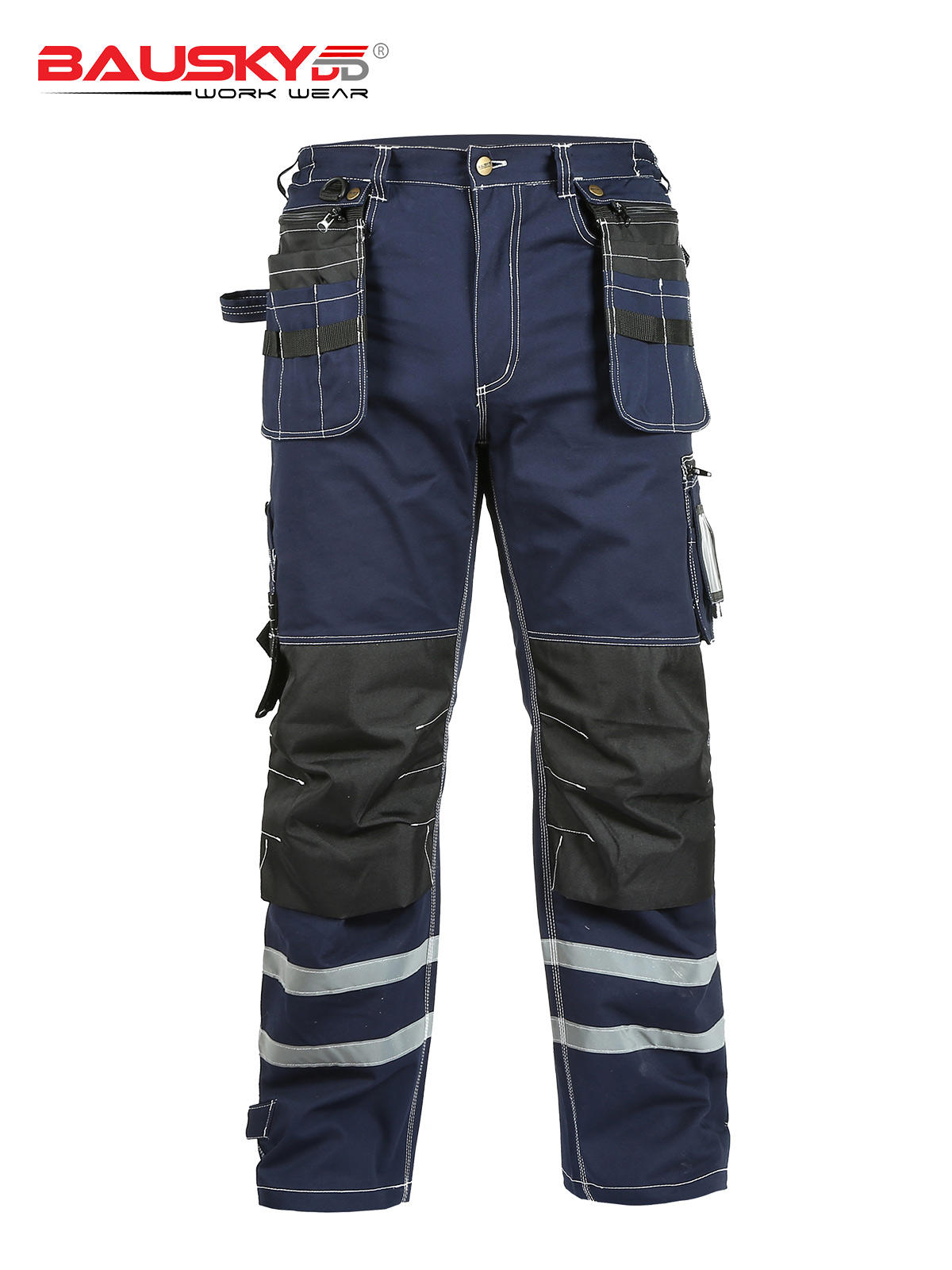 [B114] 100% Cotton Cargo Pants with High-Visibility Reflective Stripes - Bauskydd Workwear 