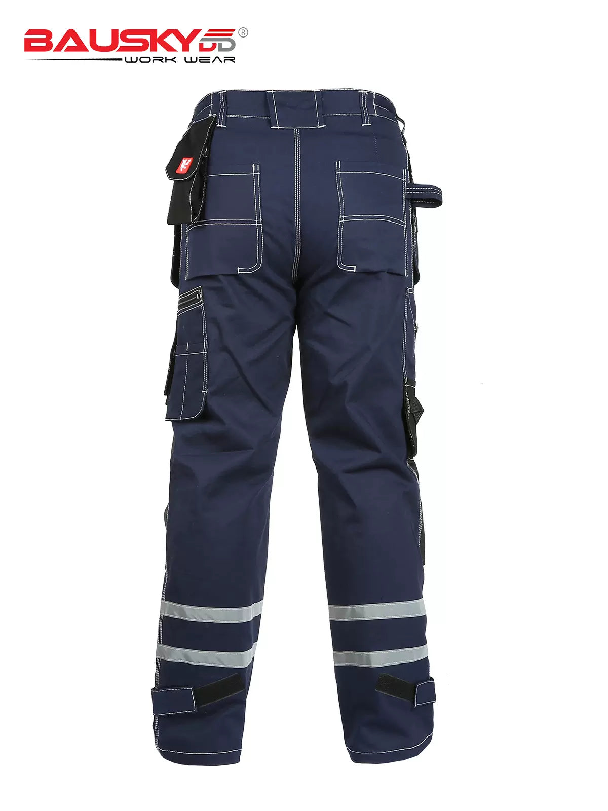 [B114] 100% Cotton Cargo Pants with High-Visibility Reflective Stripes - Bauskydd Workwear 