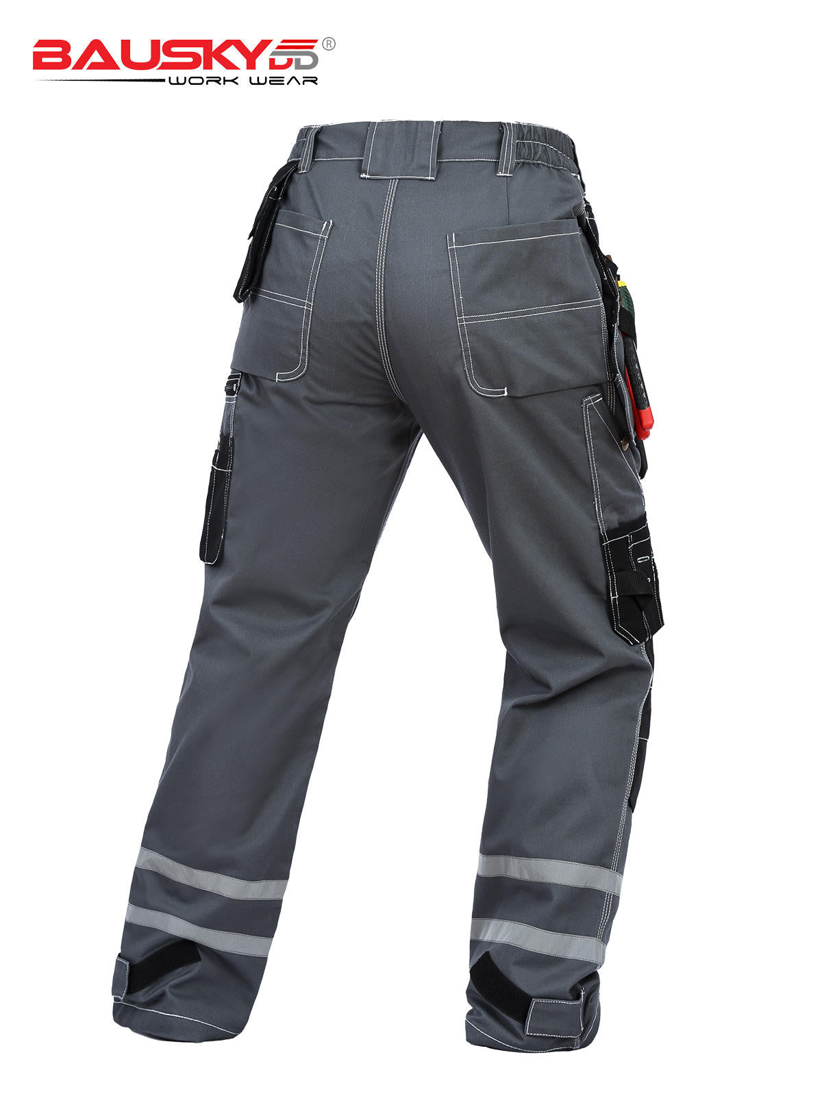 [B114] 100% Cotton Cargo Pants with High-Visibility Reflective Stripes - Bauskydd Workwear 