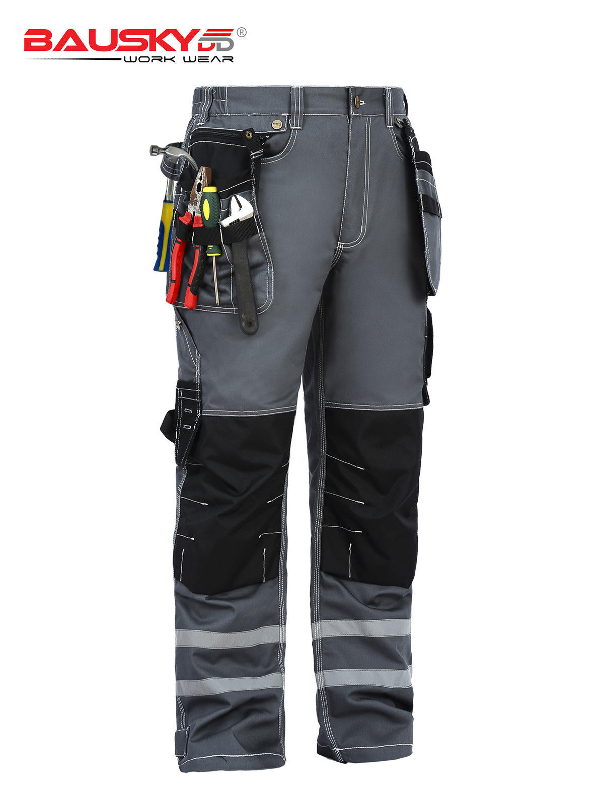 [B114] 100% Cotton Cargo Pants with High-Visibility Reflective Stripes - Bauskydd Workwear 